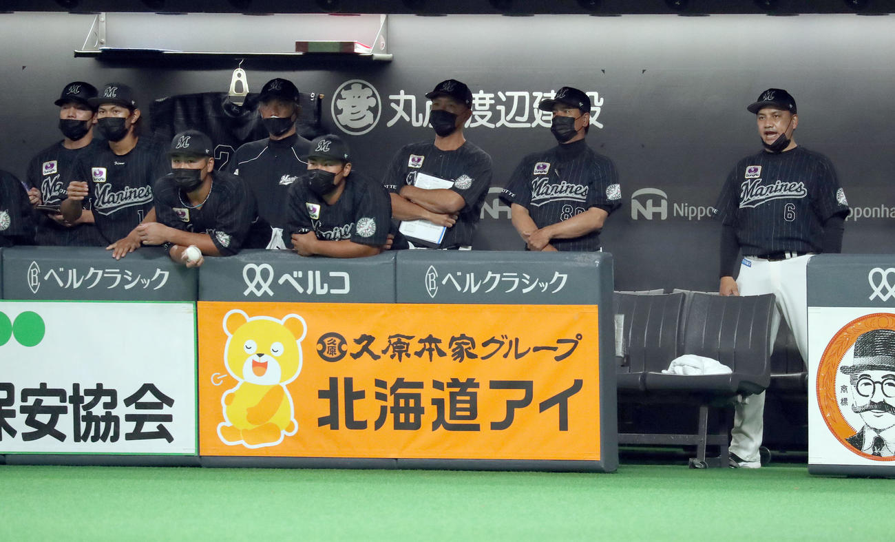 日本ハム対ロッテ　険しい表情で指示を出す井口監督（右）（撮影・佐藤翔太）