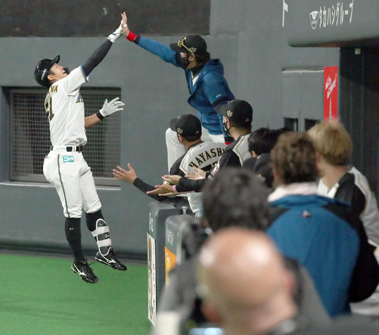 日本ハム対ロッテ　6回裏日本ハム無死、左越え本塁打を放った今川（左）は新庄監督とハイタッチを交わす（撮影・佐藤翔太）