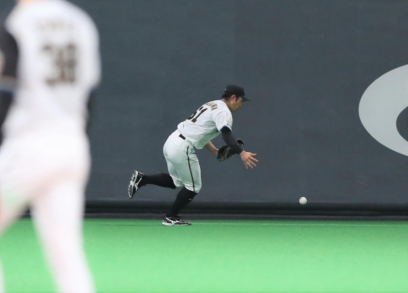 日本ハム対ロッテ　4回表ロッテ2死一、三塁、高部の打球を落球する今川（撮影・黒川智章）
