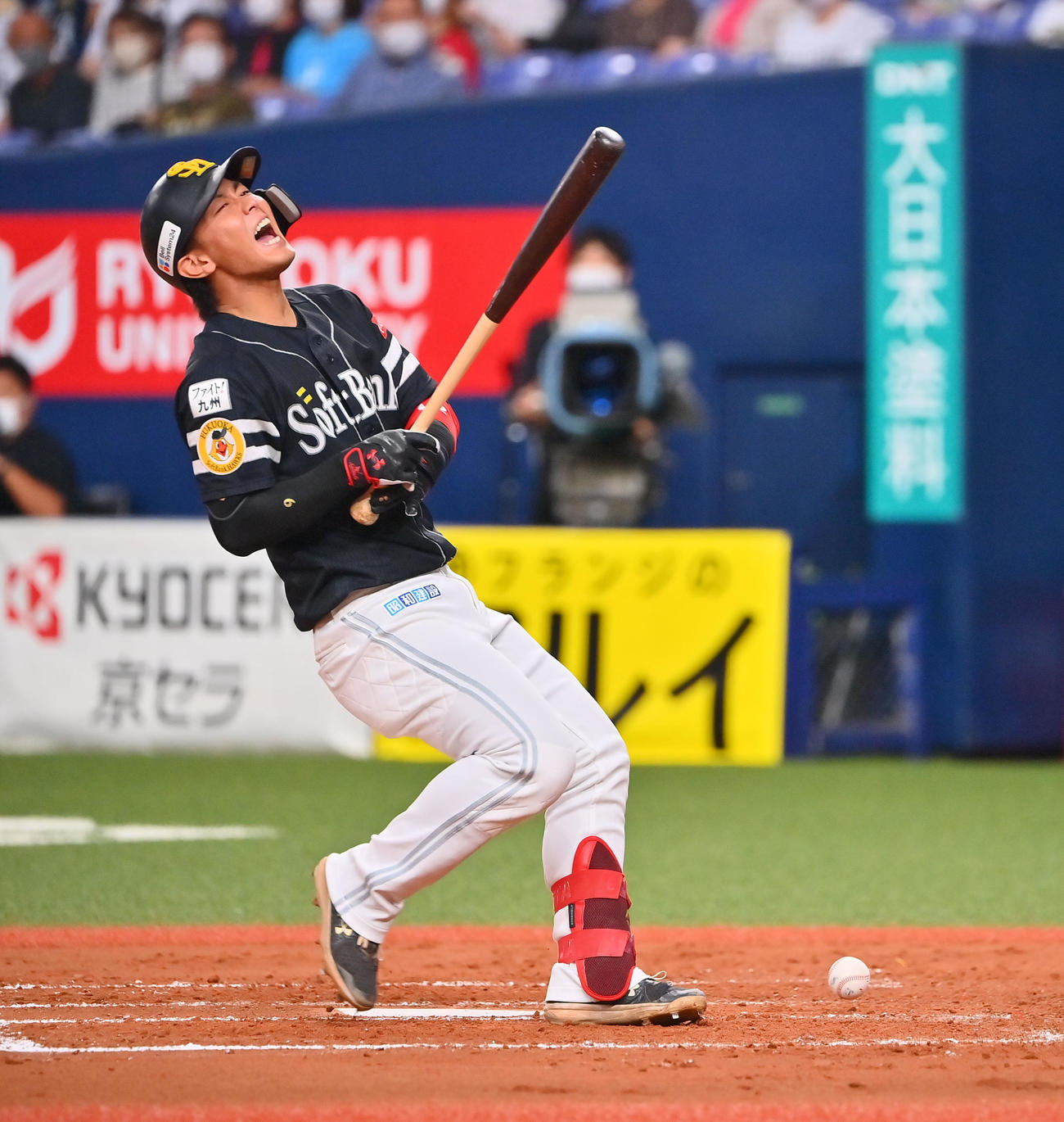 オリックス対ソフトバンク　4回表ソフトバンク1死一塁、死球を受ける今宮（撮影・和賀正仁）