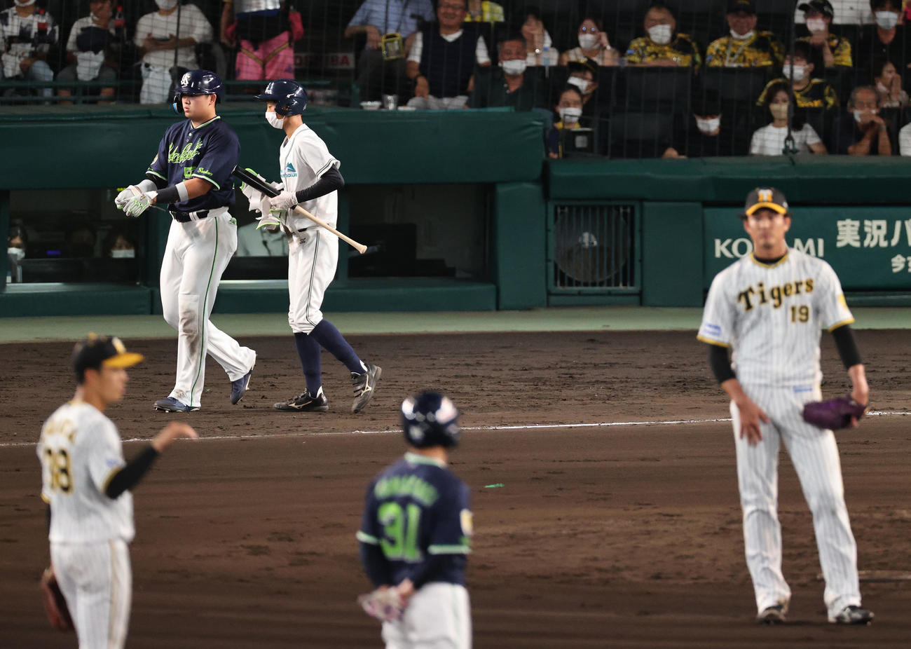 阪神対ヤクルト　6回表ヤクルト1死二塁、村上（左から2人目）は申告敬遠で一塁に向かう。右は投手藤浪（撮影・上山淳一）