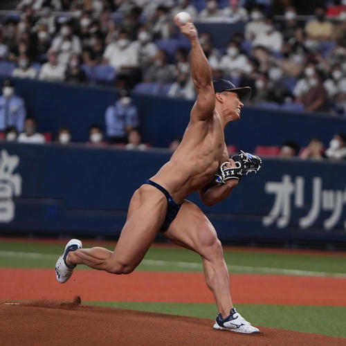 オリックス対ソフトバンク　ユニホームを脱ぎ始球式を行うボディービルダーの横川尚隆（撮影・清水貴仁）
