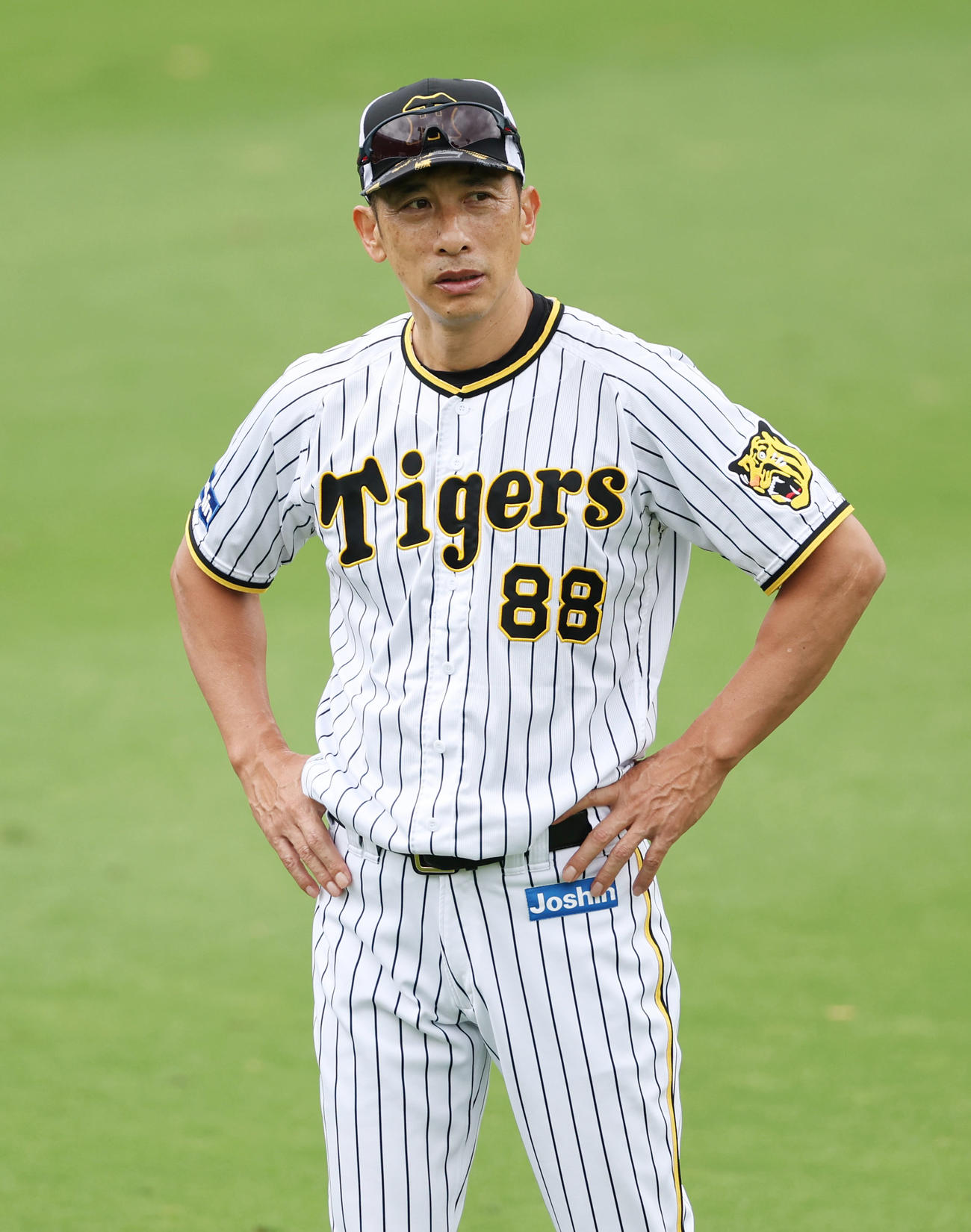 投手陣の練習を見つめる阪神矢野監督（撮影・前田充）