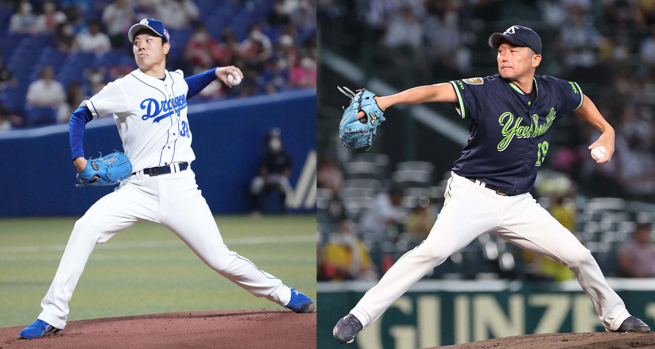 中日松葉貴大（左）とヤクルト石川雅規