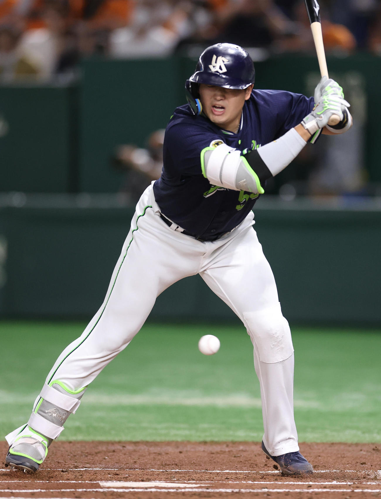 巨人対ヤクルト　1回表ヤクルト1死二塁、死球を受ける村上（撮影・狩俣裕三）