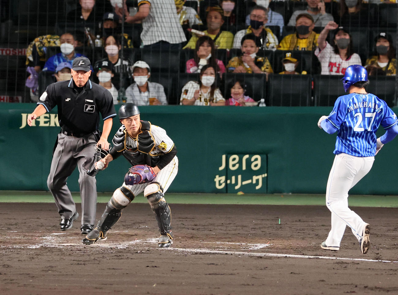 阪神対DeNA 3回表DeNA1死満塁、坂本は佐野の打球を青柳から返球され三塁走者上茶谷をアウトにする（撮影・加藤哉）