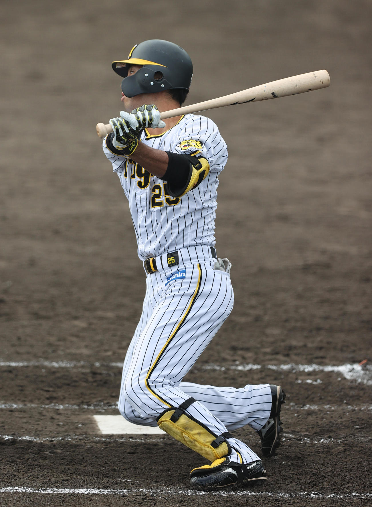 ウエスタン・リーグ阪神対オリックス　6回裏阪神2死二塁、代打江越は左越え2点本塁打を放つ（撮影・上山淳一）