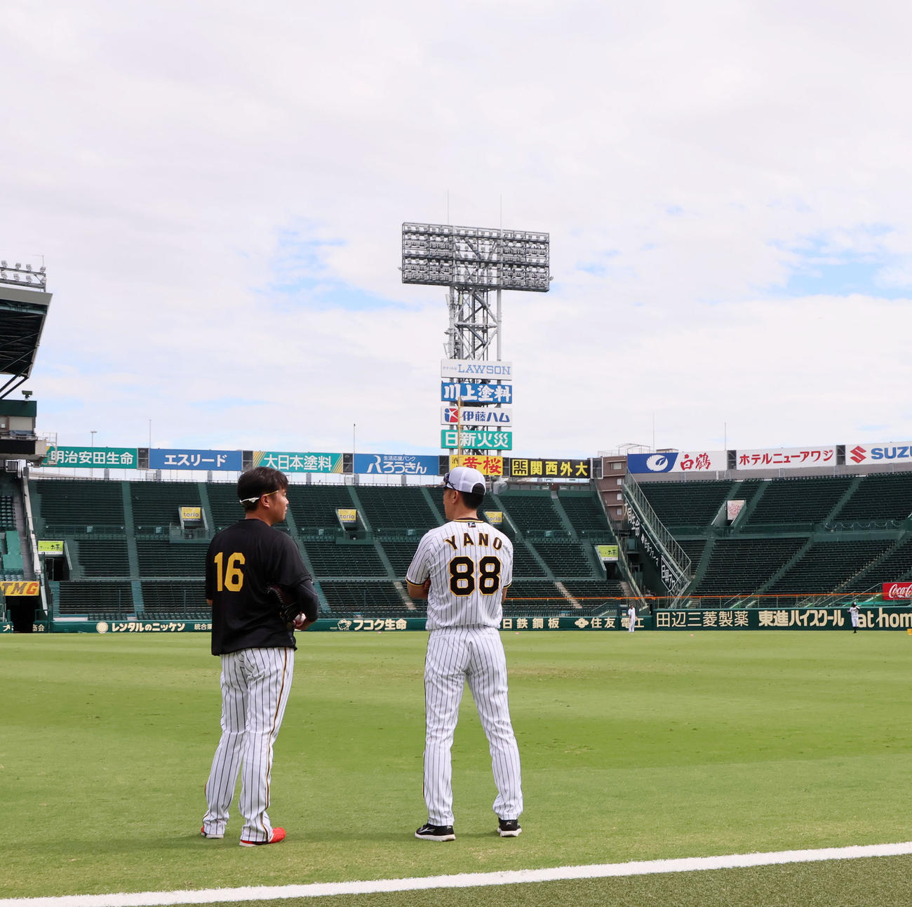 練習中の西勇（左）と話し込む矢野監督（撮影・加藤哉）