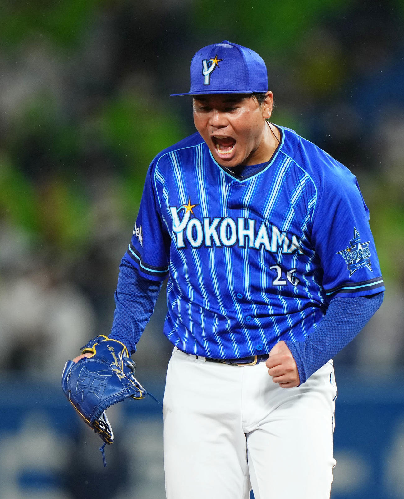 ヤクルト対DeNA 5回裏DeNA2死一、二塁、塩見を三振に仕留め雄たけびを上げる浜口（撮影・横山健太）