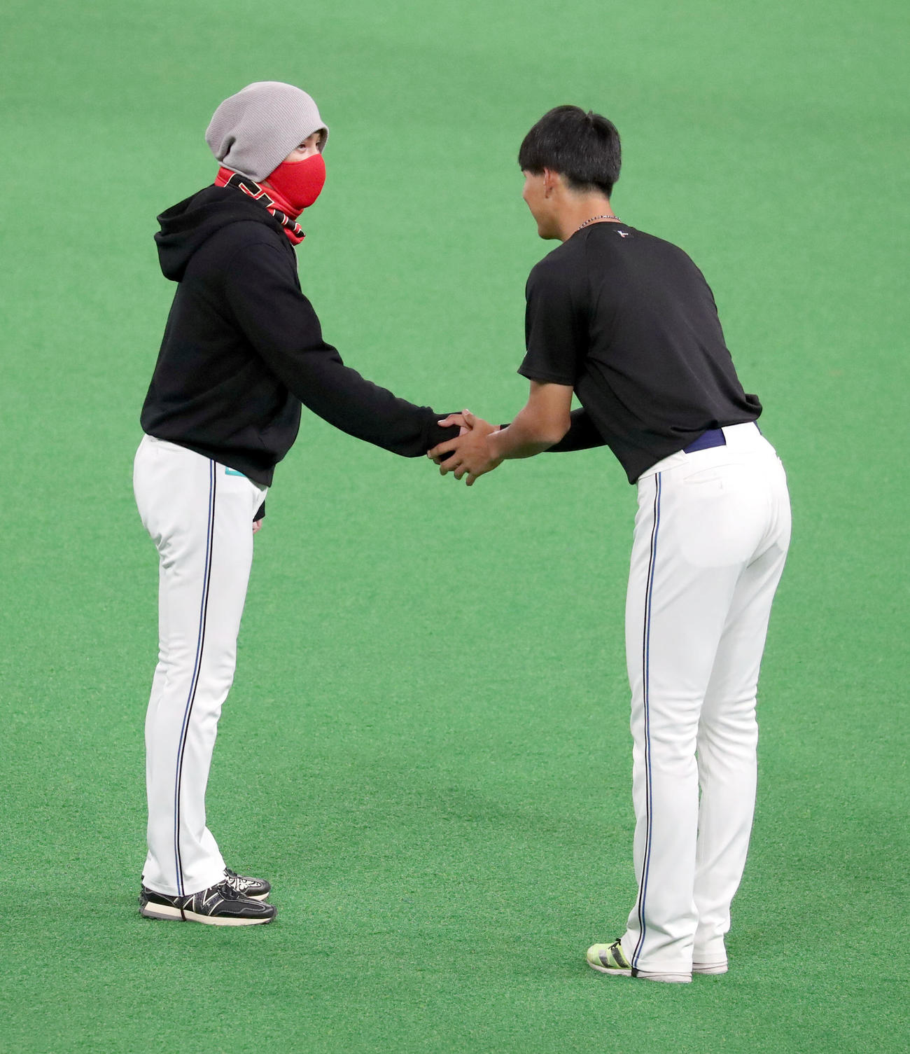 日本ハム対西武　試合前、握手を交わす新庄監督（左）と達（撮影・佐藤翔太）