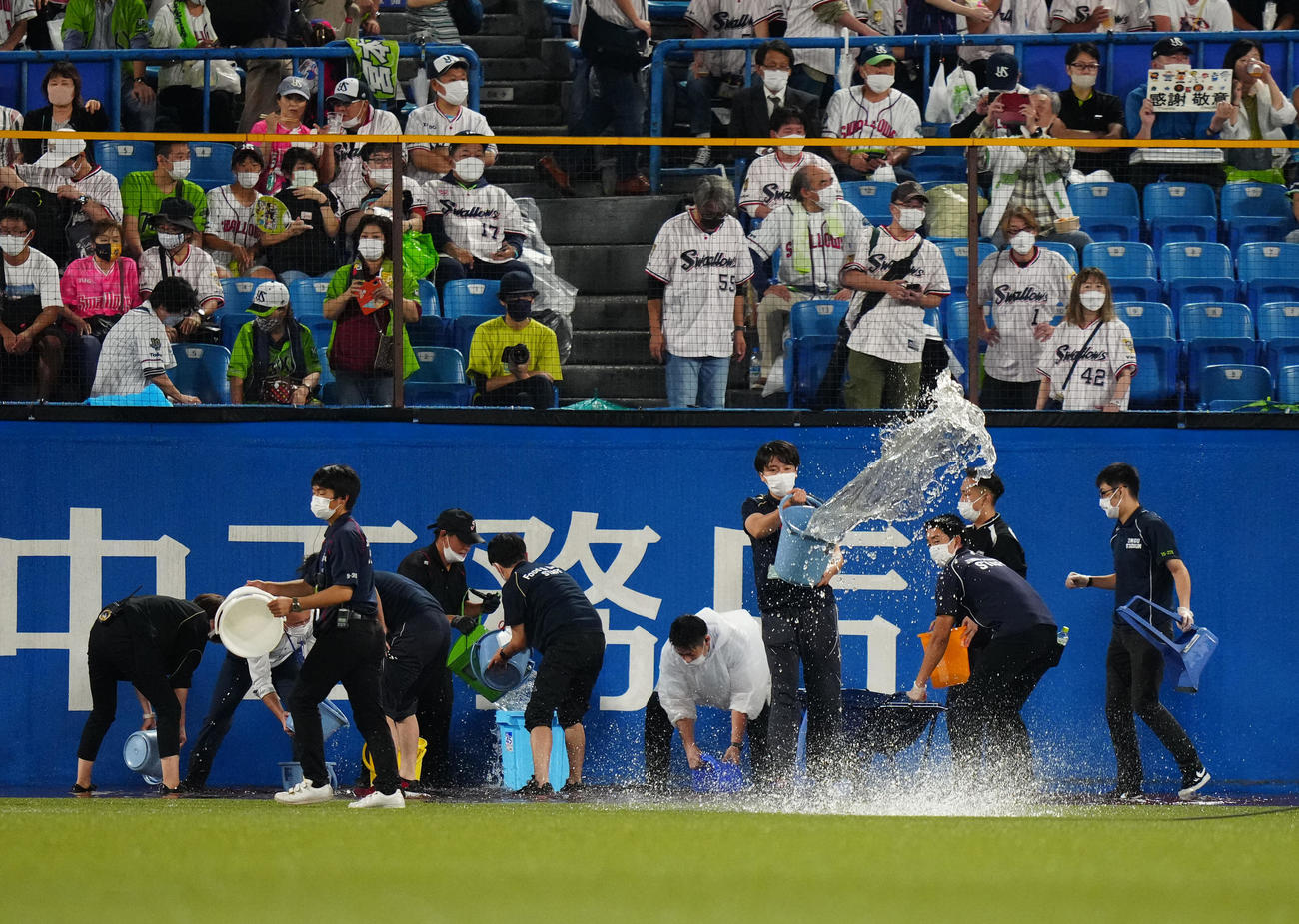 ヤクルト対DeNA　試合前、外野にたまった雨水の排水作業を行うスタッフ（撮影・江口和貴）