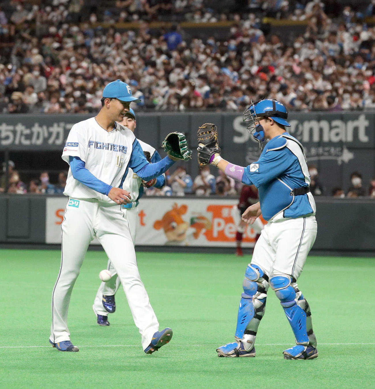 日本ハム対楽天　3回表を無失点に抑えタッチを交わす達（左）と宇佐見（撮影・佐藤翔太）