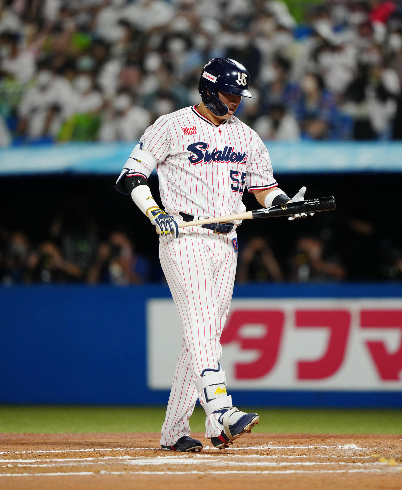 ヤクルト対DeNA 6回裏ヤクルト2死、空振り三振に倒れた村上（撮影・江口和貴）