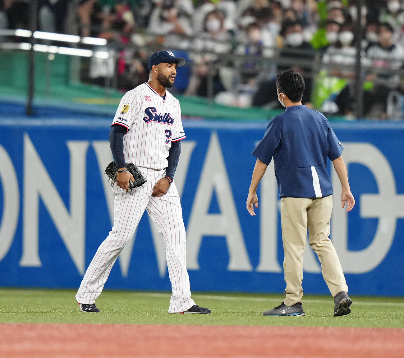 8回表途中、股関節付近を押さえながらトレーナーと話すヤクルト・サンタナ（左）（撮影・江口和貴）