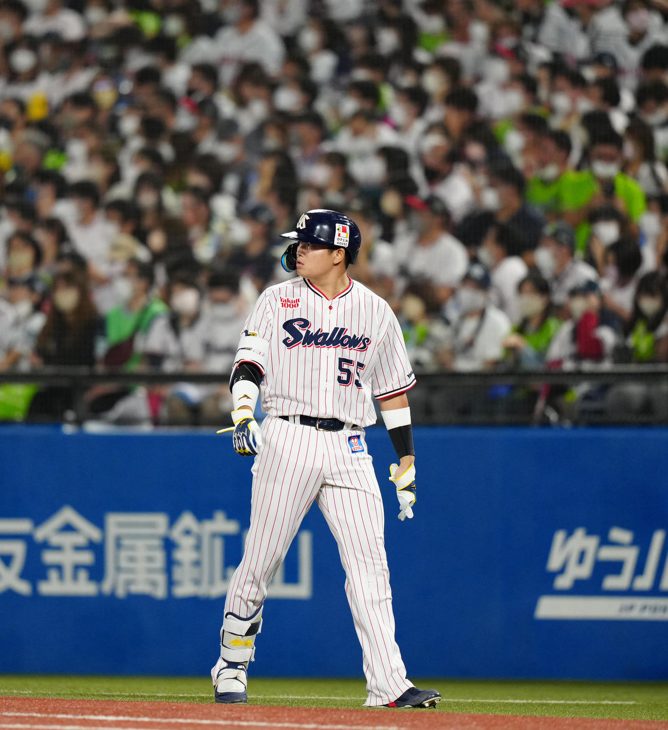  8回裏ヤクルト2死、左飛に倒れた村上（撮影・江口和貴）
