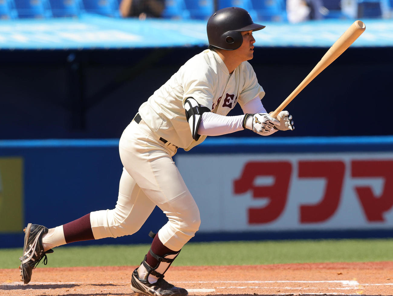 早大対明大　3回表早大無死、右越え本塁打を放つ熊田（撮影・野上伸悟）