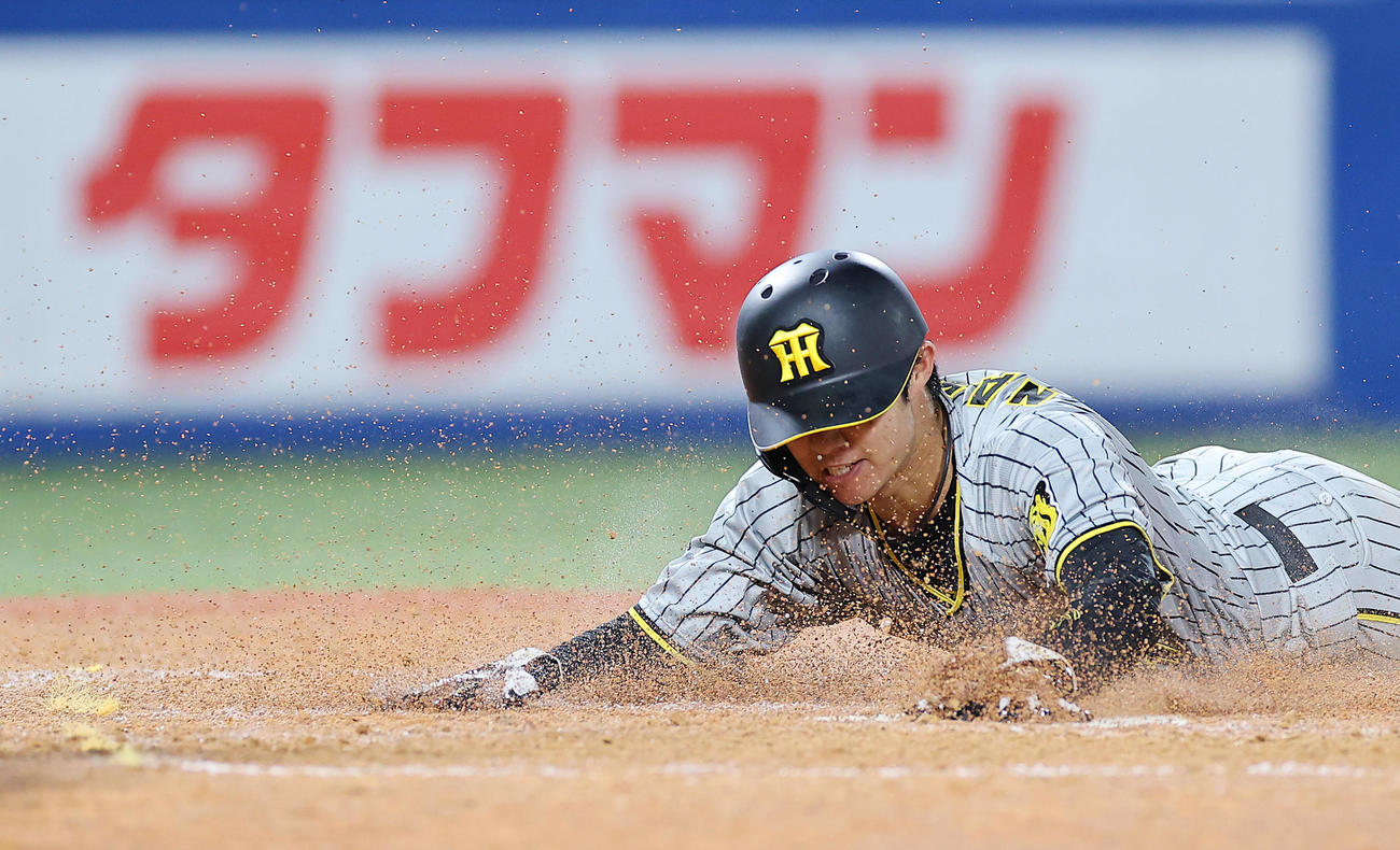 ヤクルト対阪神　5回表阪神1死一、二塁、大山の適時打で滑り込み生還する中野（撮影・垰建太）