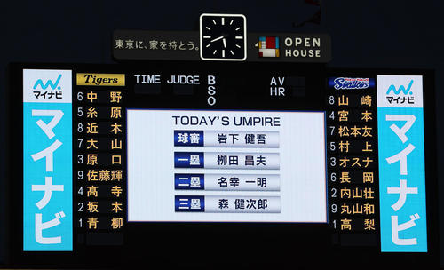 ヤクルト対阪神　　今日のスタメン（撮影・加藤哉）