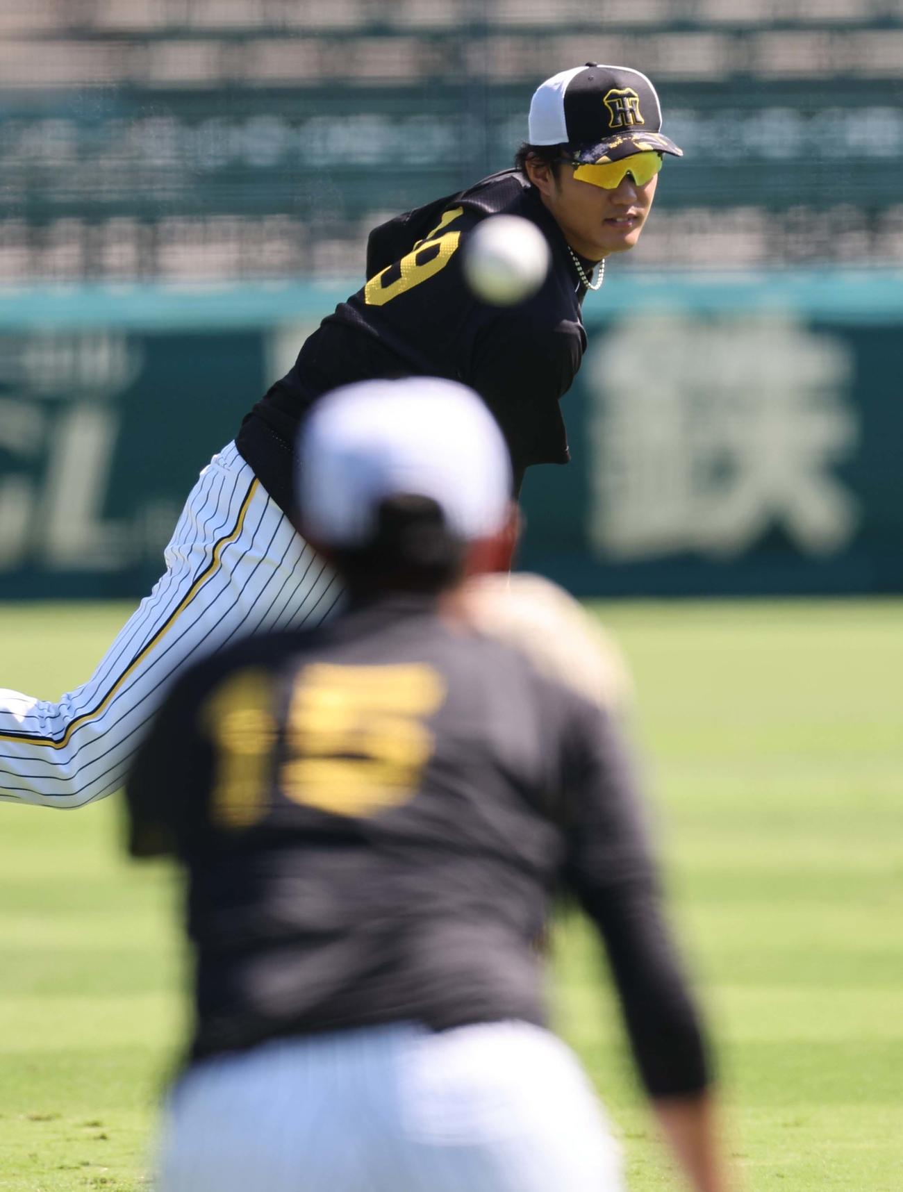 藤浪は西純とキャッチボールをする（撮影・上田博志）