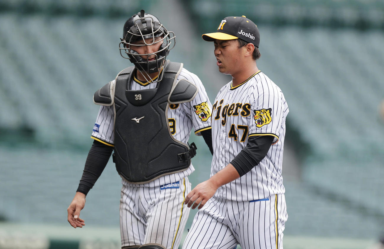 阪神対ソフトバンク　4回表を投げ終え、悔しそうな表情を見せながらベンチへ戻る阪神桐敷。左は栄枝（撮影・前田充）