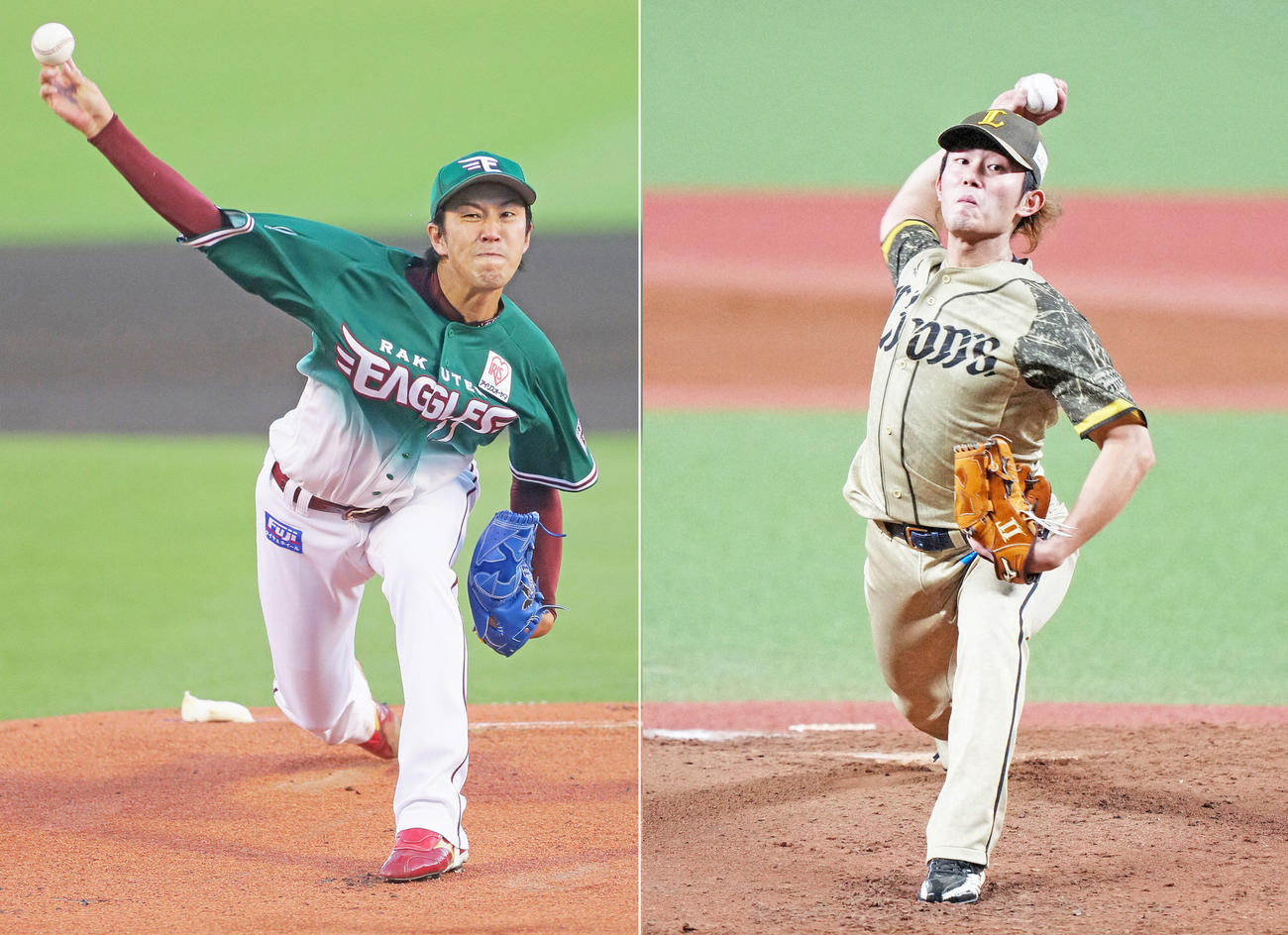 左から楽天岸孝之、西武今井達也
