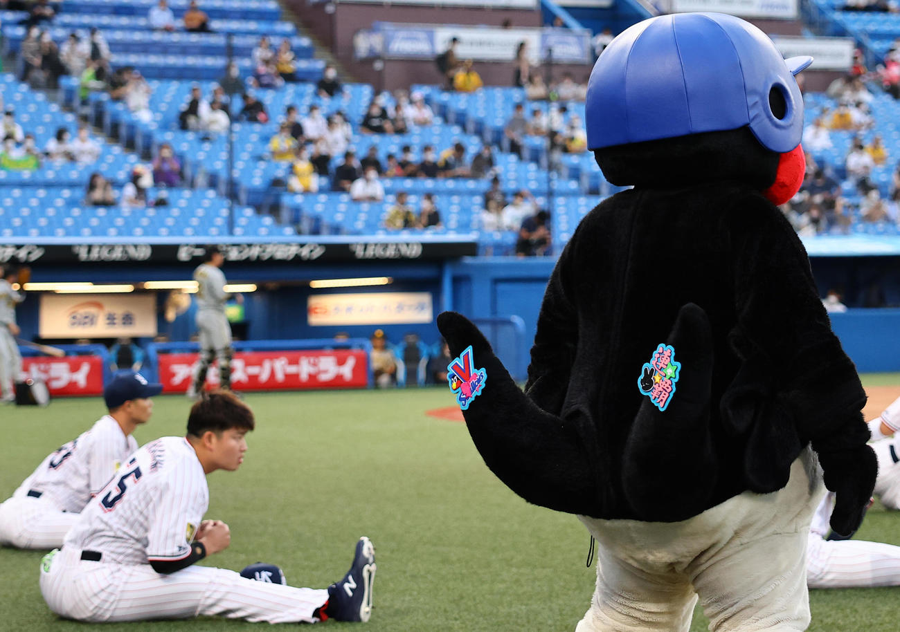 ヤクルト対阪神　試合前、ストレッチする村上（左）の側に立つつば九郎のしっぽには「V」と「連覇」の文字（撮影・垰建太）