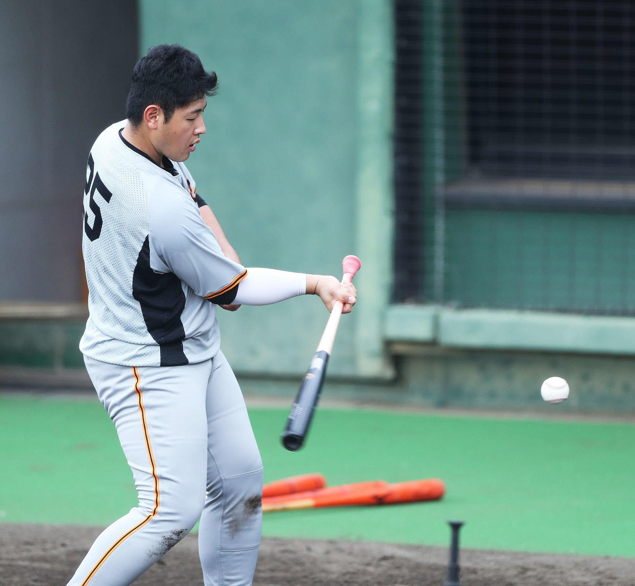 トス打撃する巨人岡本和（撮影・河田真司）