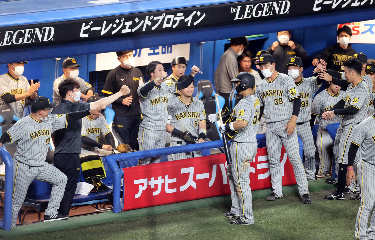 ヤクルト対阪神　8回表阪神2死二塁、原口（手前中央）が勝ち越し左適時打を放ち、笑顔で迎える阪神ベンチ（撮影・浅見桂子）