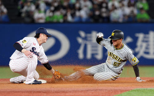 ヤクルト対阪神　4回表阪神1死一塁、一塁走者高寺は打者梅野のときプロ初となる二塁盗塁を決める。野手は長岡（撮影・加藤哉）