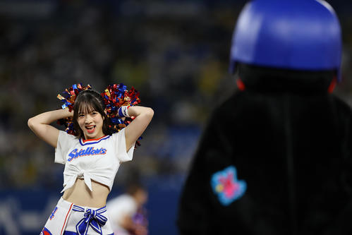 ヤクルト対阪神　試合前、見つめるつば九郎（手前）のプレッシャーに負けず踊るPassion（撮影・垰建太）