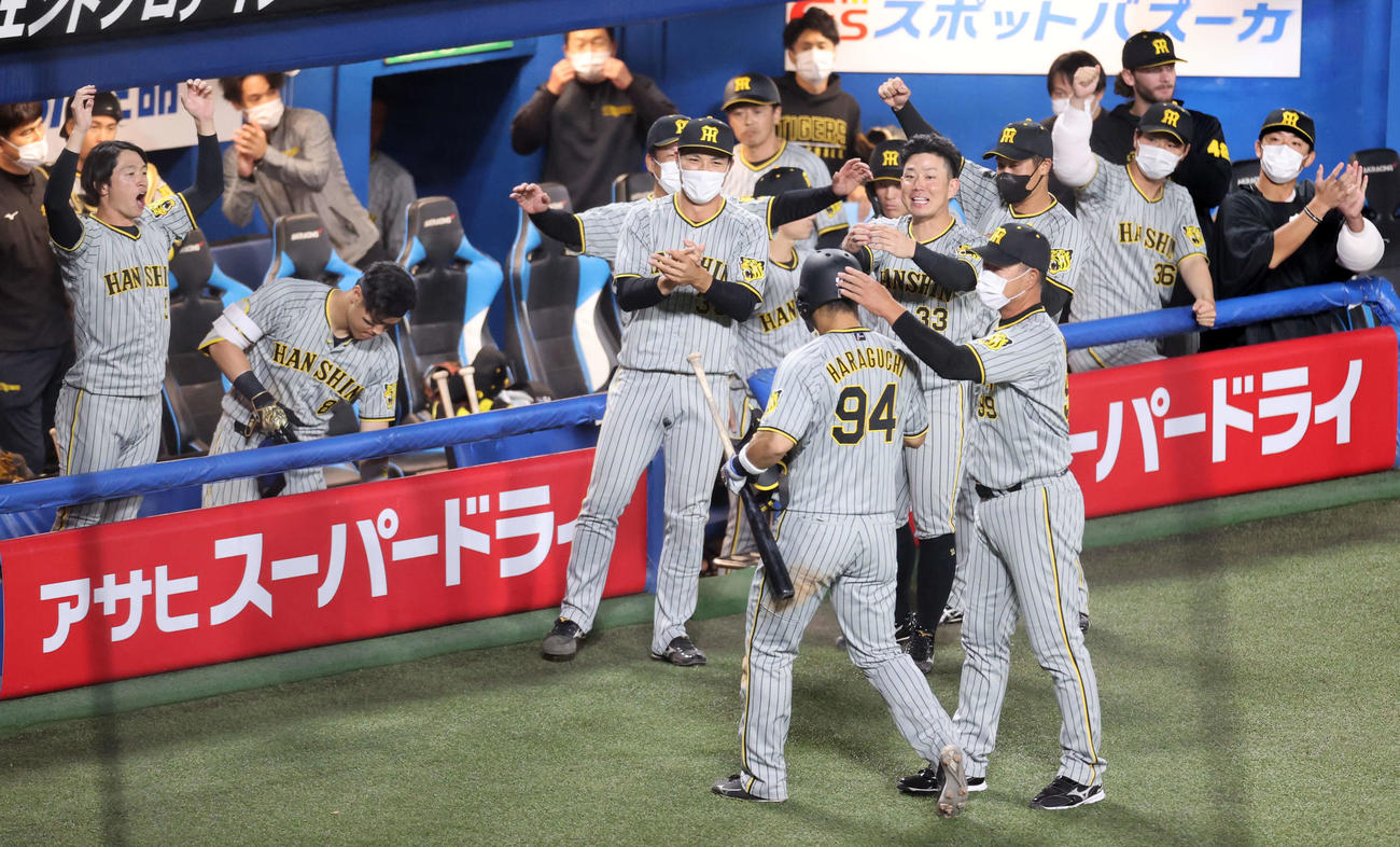 ヤクルト対阪神　8回表阪神2死二塁、原口（背番号94）が勝ち越し左適時打を放ち、笑顔で迎える阪神ベンチ（撮影・浅見桂子）