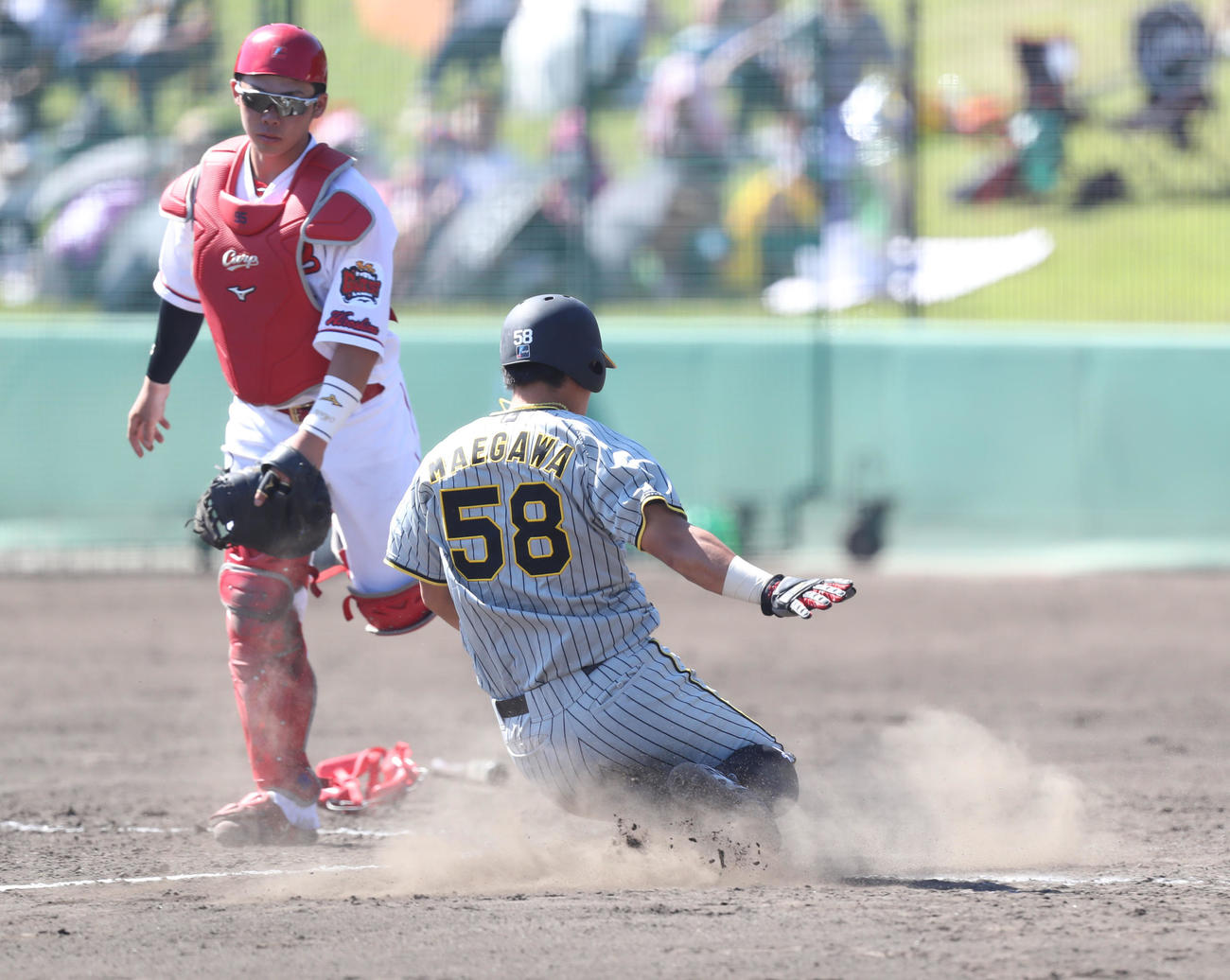 広島対対阪神　4回表阪神1死二塁、前川はロドリゲスの勝ち越しの左適時打で生還する（撮影・屋方直哉）