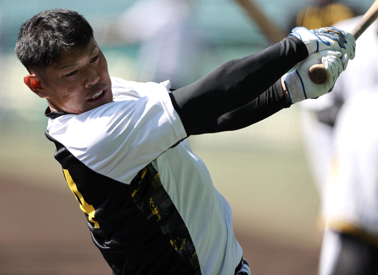 トス打撃で汗を流す阪神原口（撮影・上山淳一）
