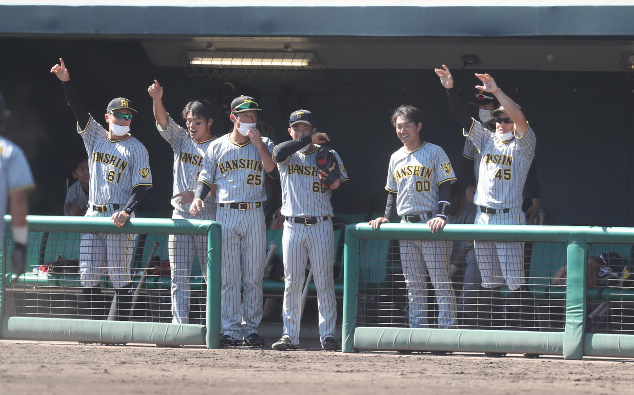 広島対阪神　4回表阪神1死二塁、ロドリゲスの勝ち越しの左適時打で歓喜に沸く阪神ナイン（撮影・屋方直哉）