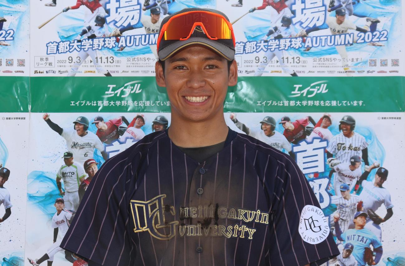 明学大対筑波大　先制打を放つなど、明学大14年ぶりの1部勝利に貢献した上野隆（撮影・阿部泰斉）