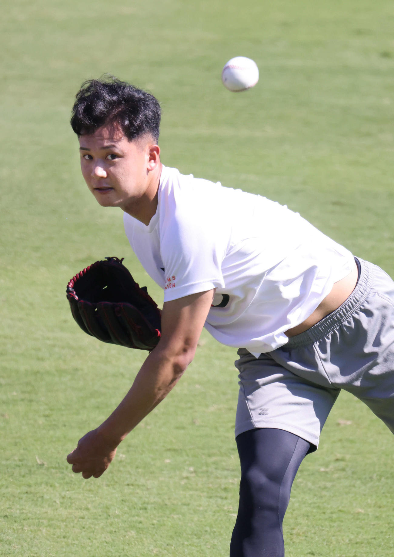 広島投手指名練習　コーチを座らせ、投げ込む森（撮影・加藤孝規）