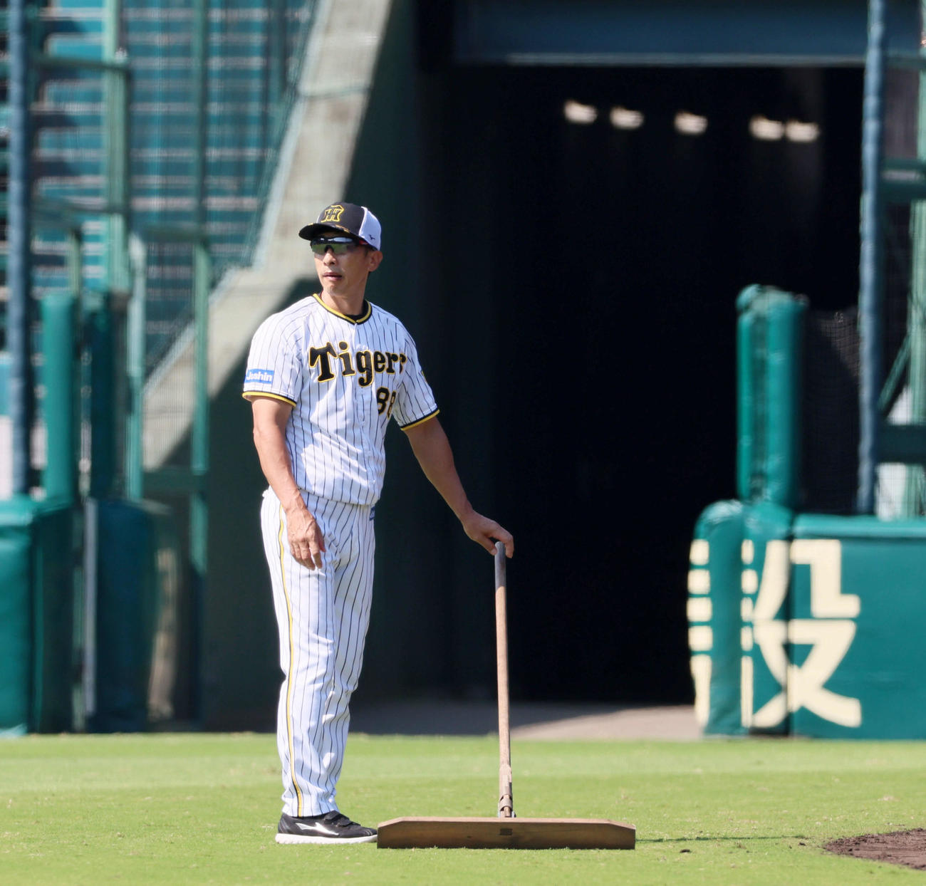 トンボ片手にグラウンド整備を行う阪神矢野監督（撮影・加藤哉）