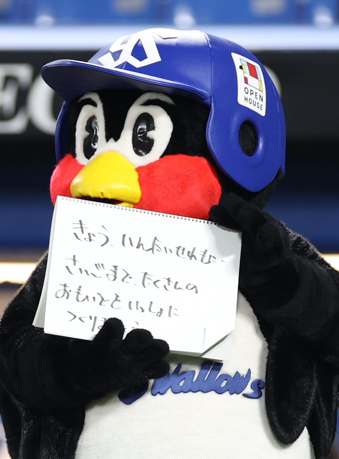 ヤクルト対DeNA　試合前のひと言で、引退する内川、嶋、坂口にメッセージを送るつば九郎（撮影・狩俣裕三）