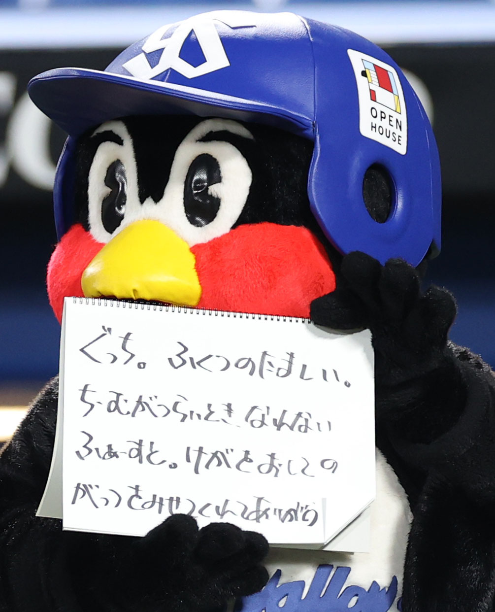 ヤクルト対DeNA　試合前のひと言で、引退する内川、嶋、坂口にメッセージを送るつば九郎（撮影・狩俣裕三）