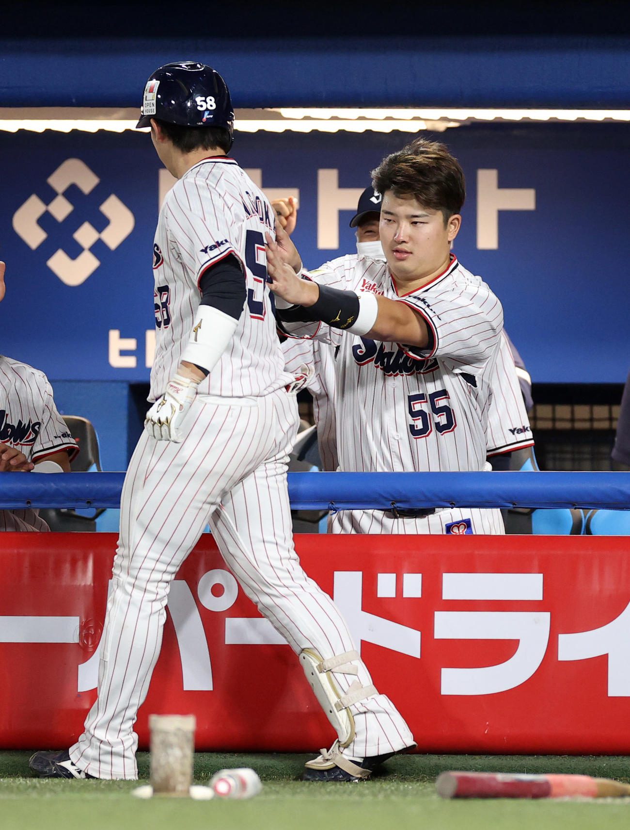 ヤクルト対DeNA 6回裏ヤクルト無死、内山に続いて、ソロ本塁打を放った長岡（左）の背中をあやかりたいとさする村上（撮影・狩俣裕三）