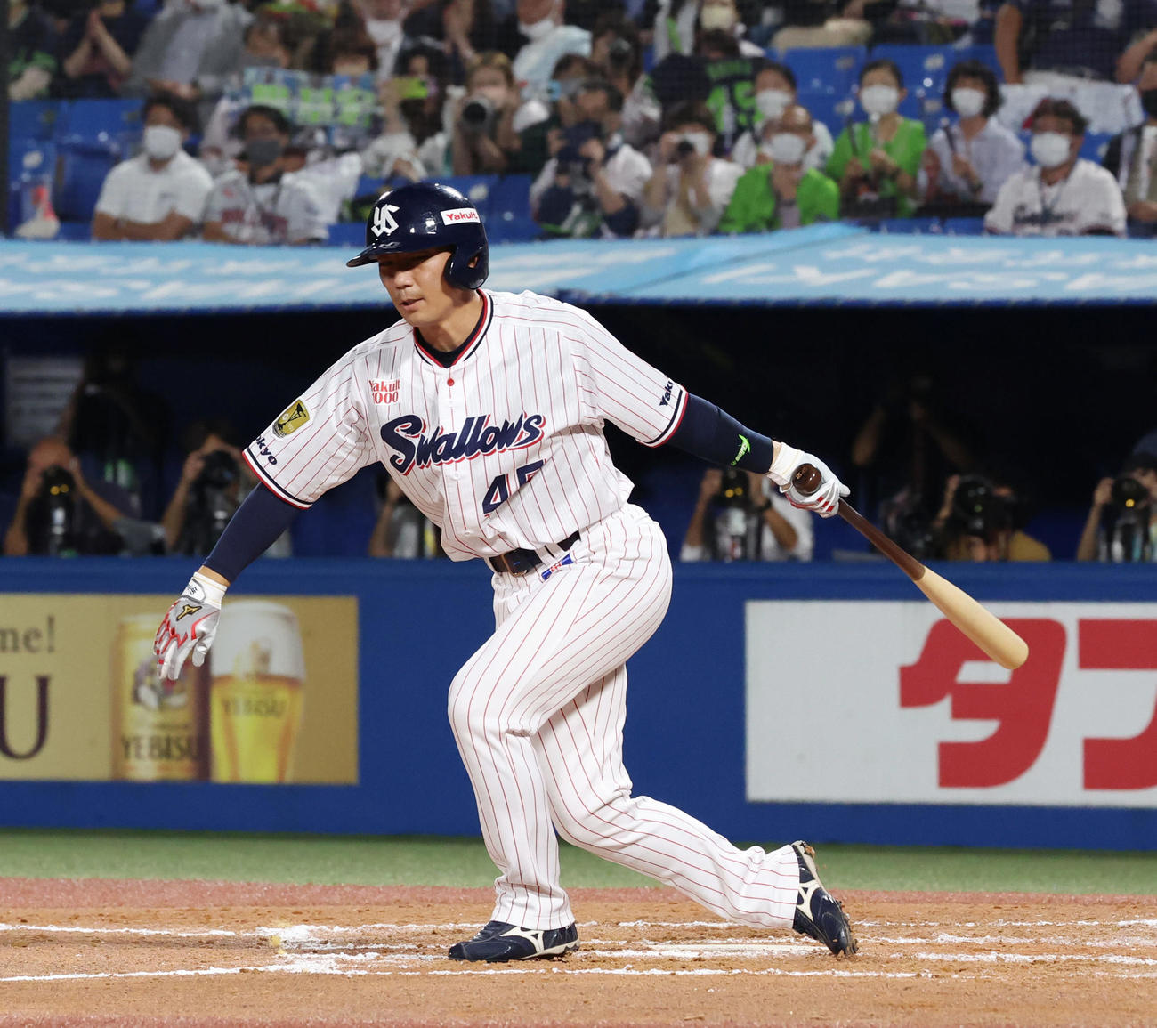 ヤクルト対DeNA 8回裏ヤクルト1死、現役最後の打席で空振り三振に倒れる嶋（撮影・狩俣裕三）