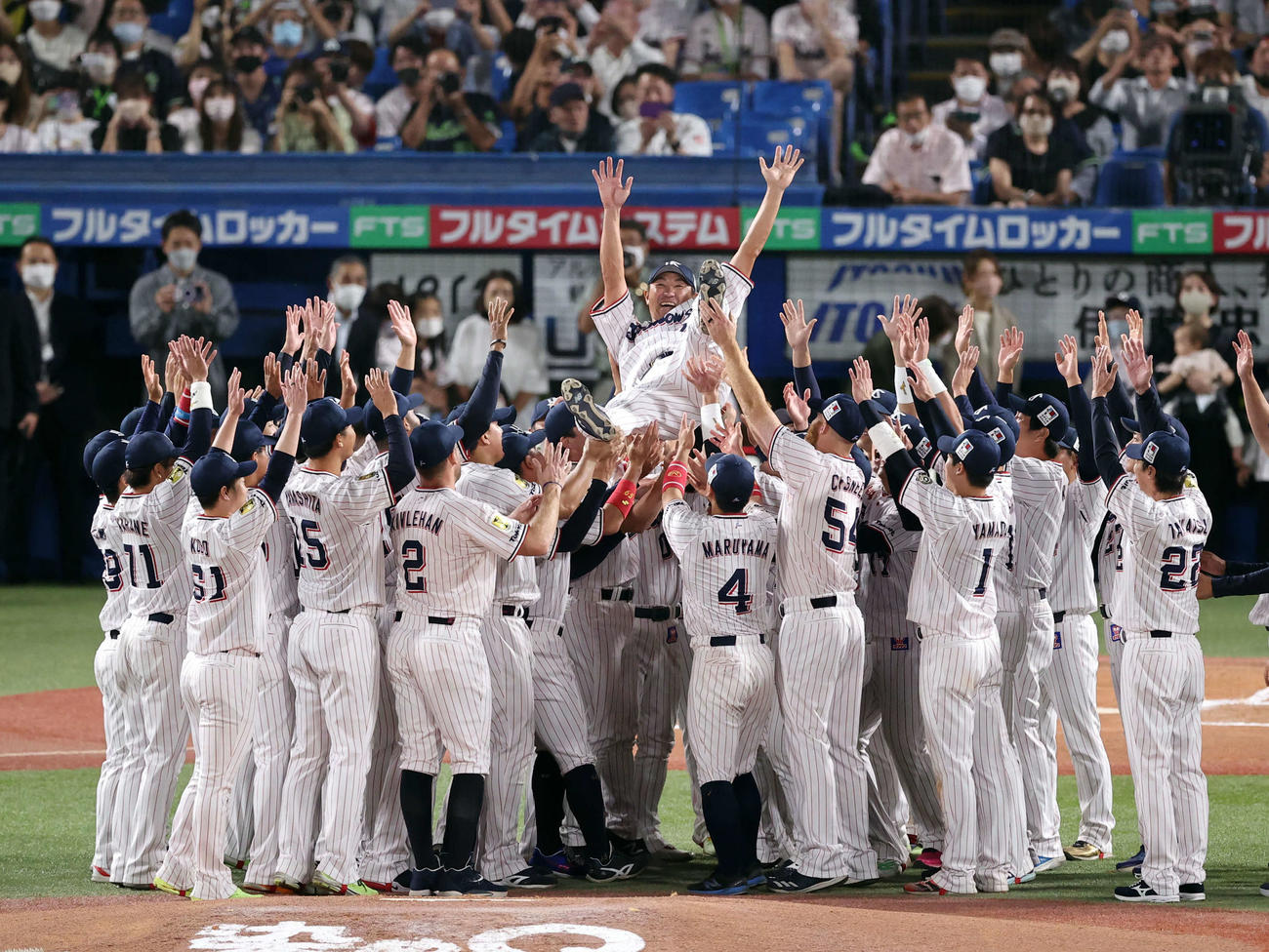 ヤクルト対DeNA　試合後の引退セレモニーで、胴上げされる内川（撮影・浅見桂子）