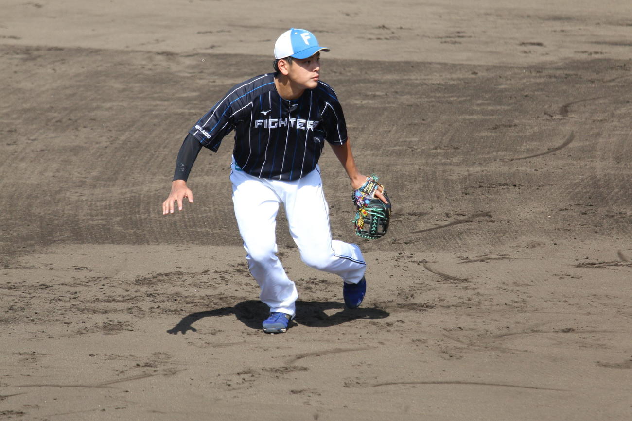 三塁で球宴仕様のグラブを装着してノックを受ける日本ハム野村（4日撮影）