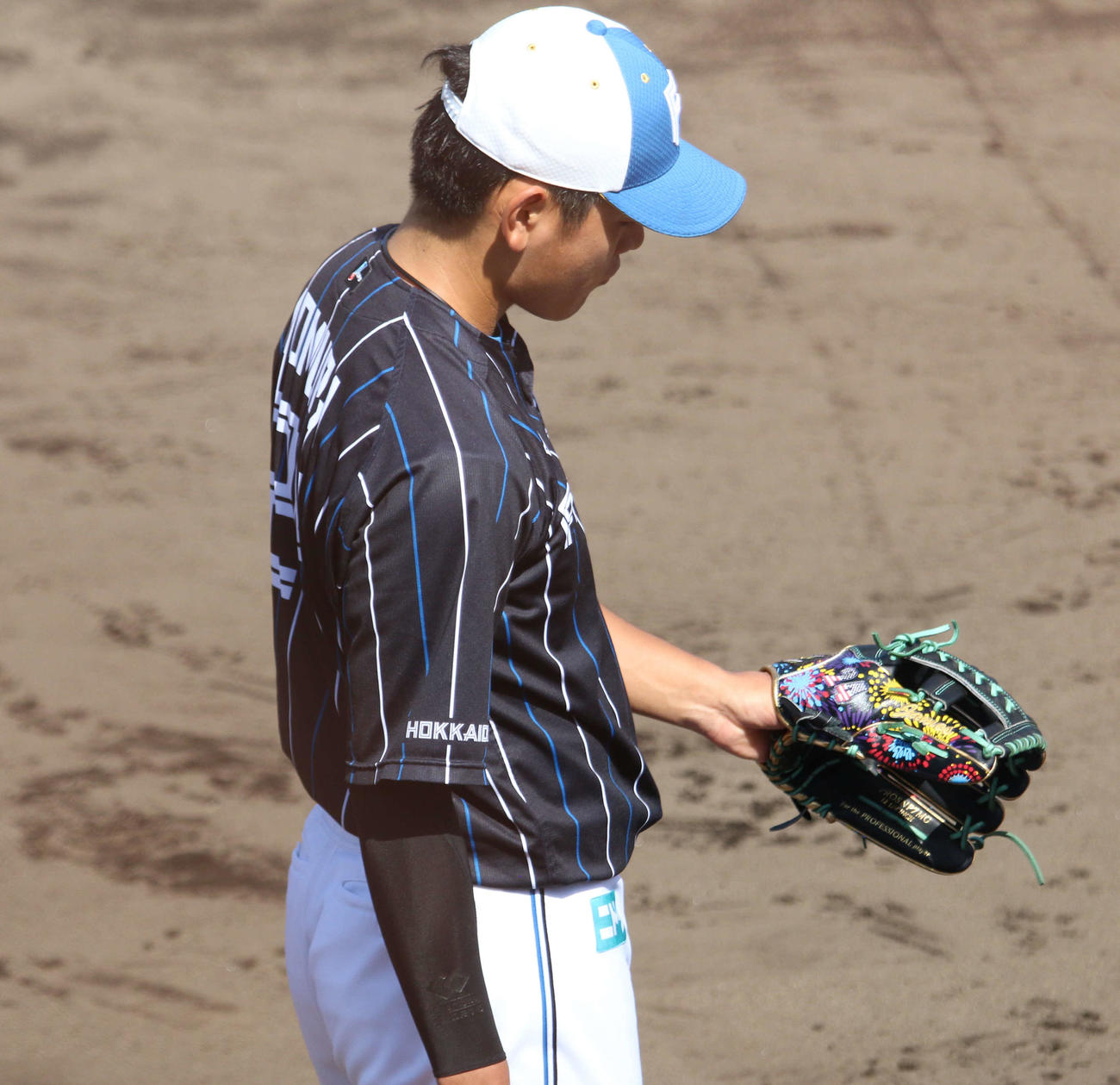 球宴仕様のグラブを装着する日本ハム野村（4日撮影）