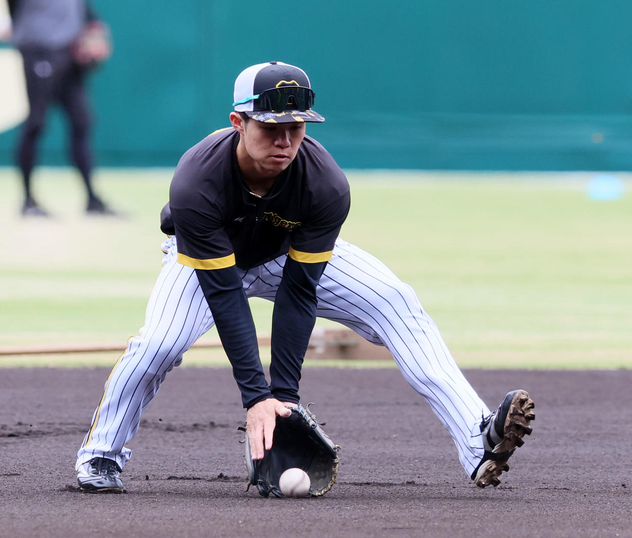 遊撃の守備位置でノックを受ける中野（撮影・加藤哉）