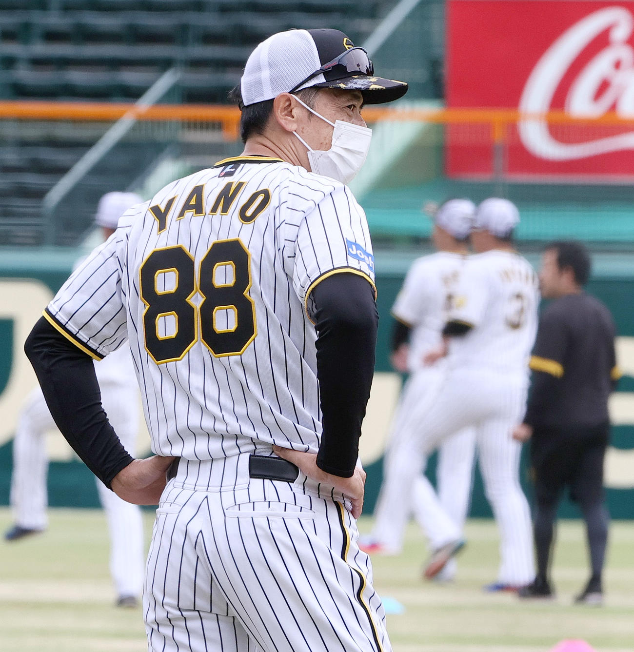 練習を見守る阪神矢野監督（撮影・上山淳一）