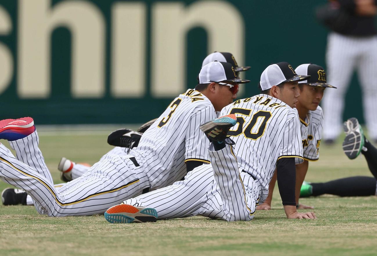 青柳（右から2人目）はストレッチをして体を温める（撮影・上田博志）