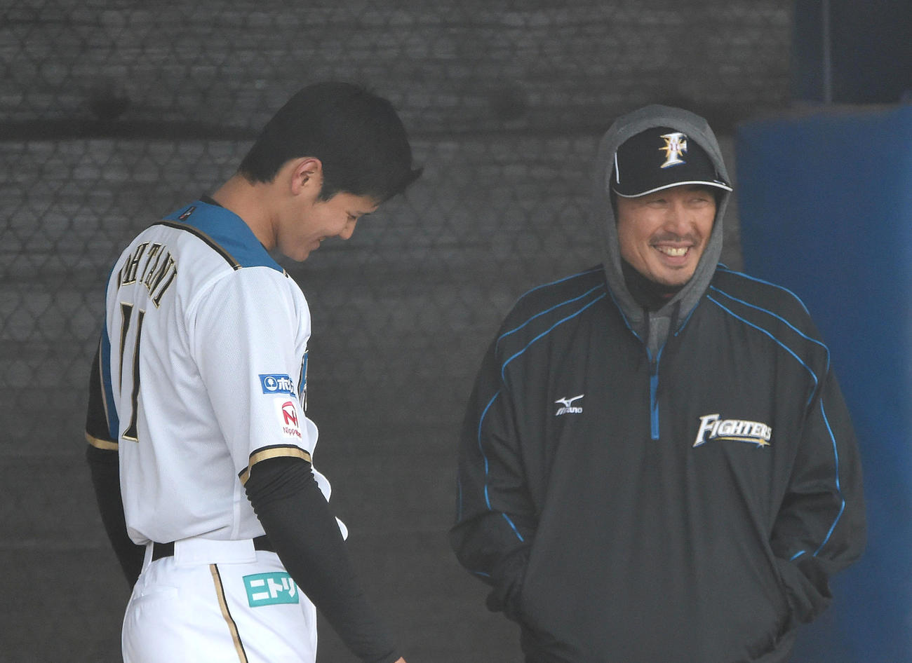 16年、日本ハム大谷翔平と談笑する吉井投手コーチ