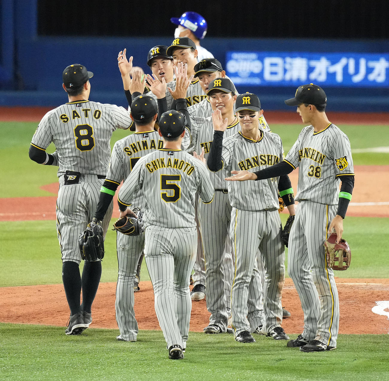 DeNA対阪神　DeNAに勝利しタッチを交わす阪神ナイン（撮影・鈴木みどり）