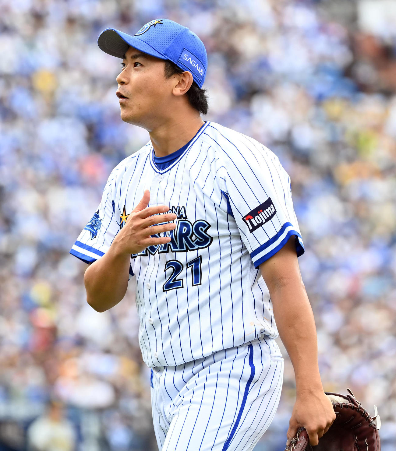 DeNA対阪神　3回表、ピンチをしのぎホッとした表情を見せる今永（撮影・たえ見朱実）